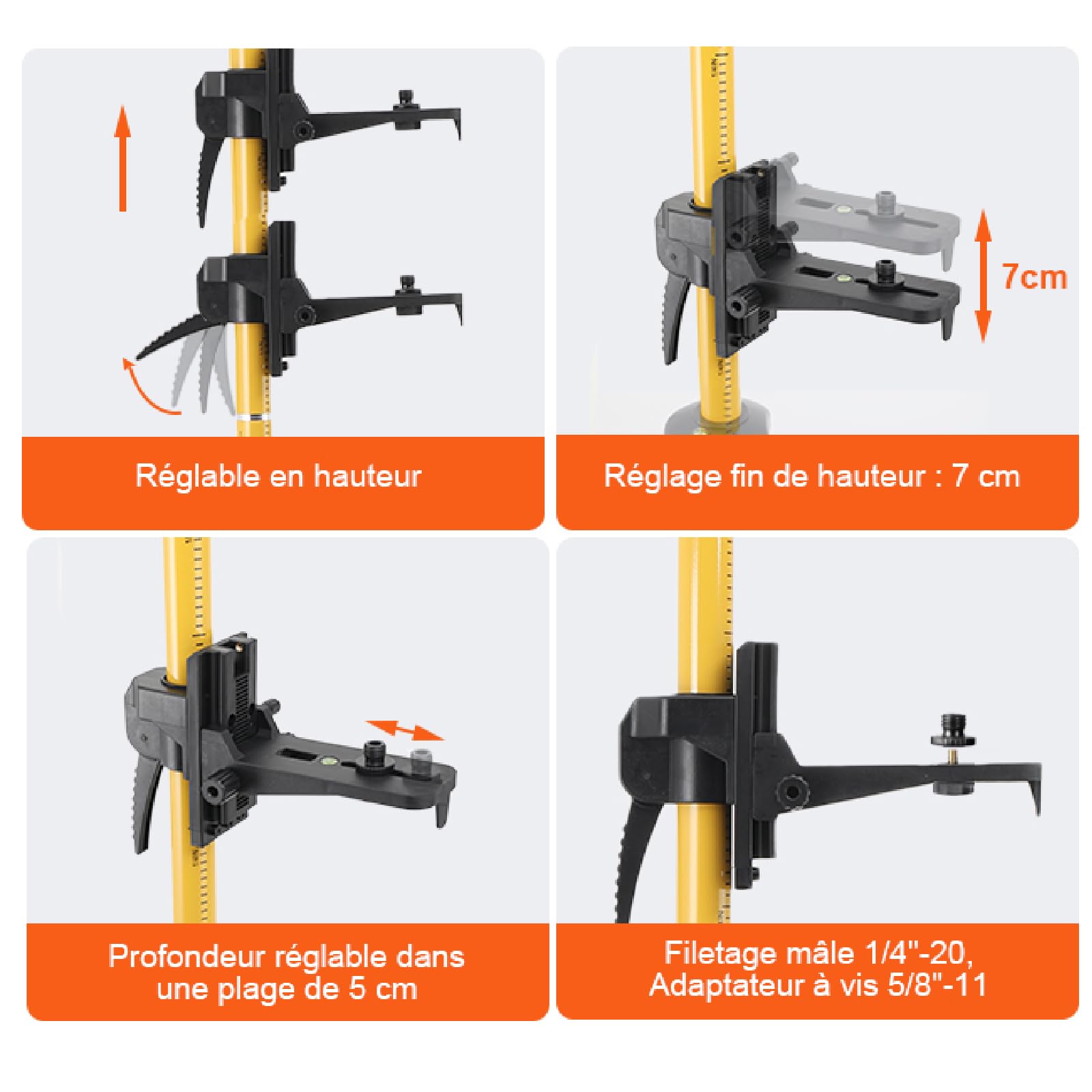 Perche télescopique 3,6m,Niveau Laser Perche Télescopique, Pôle de Montage Pour Laser Rotatif et Niveau Laser avec trépied avec Filetage Mâle 1/4-20 et Adaptateur Fileté 5/8-11