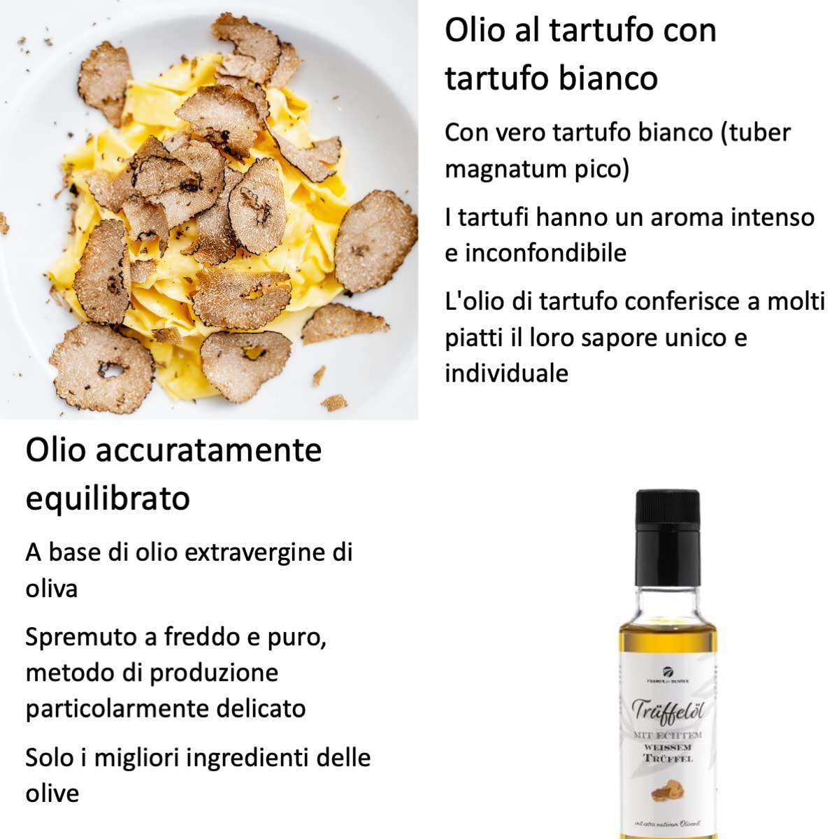 Olio al tartufo con vero tartufo 250 ml. Realizzato in olio extravergine di oliva, per salse e per affinare i piatti. Adatto per una dieta vegana e senza glutine (tartufo bianco, 250 ml)