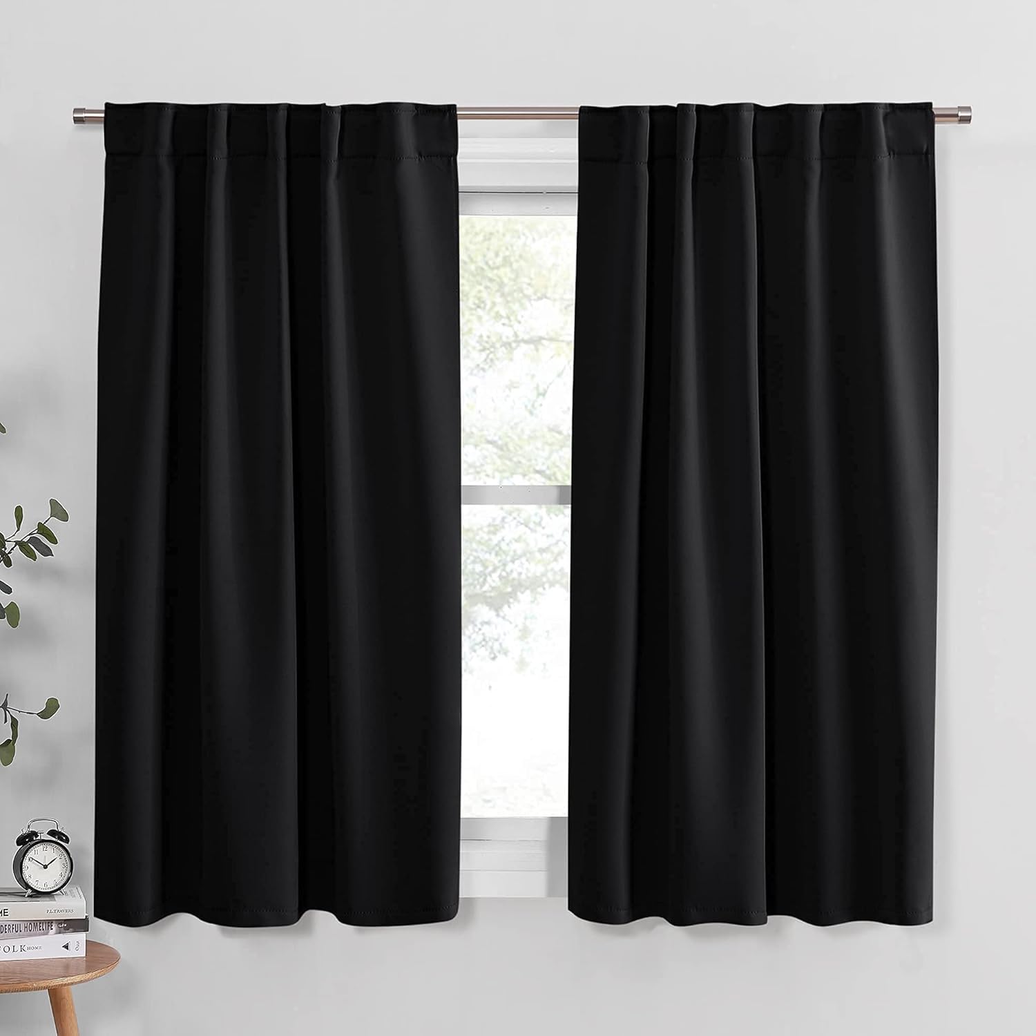 PONY DANCE Blackout Curtains Set - Nursery Short Curtain Panels Thermal Insulated Window Treatments Back Tab/Rod Pocket Light Blocking for Bedroom, 42 Wide by 45 Inches Long, Black, 2 Panels : Home & Kitchen