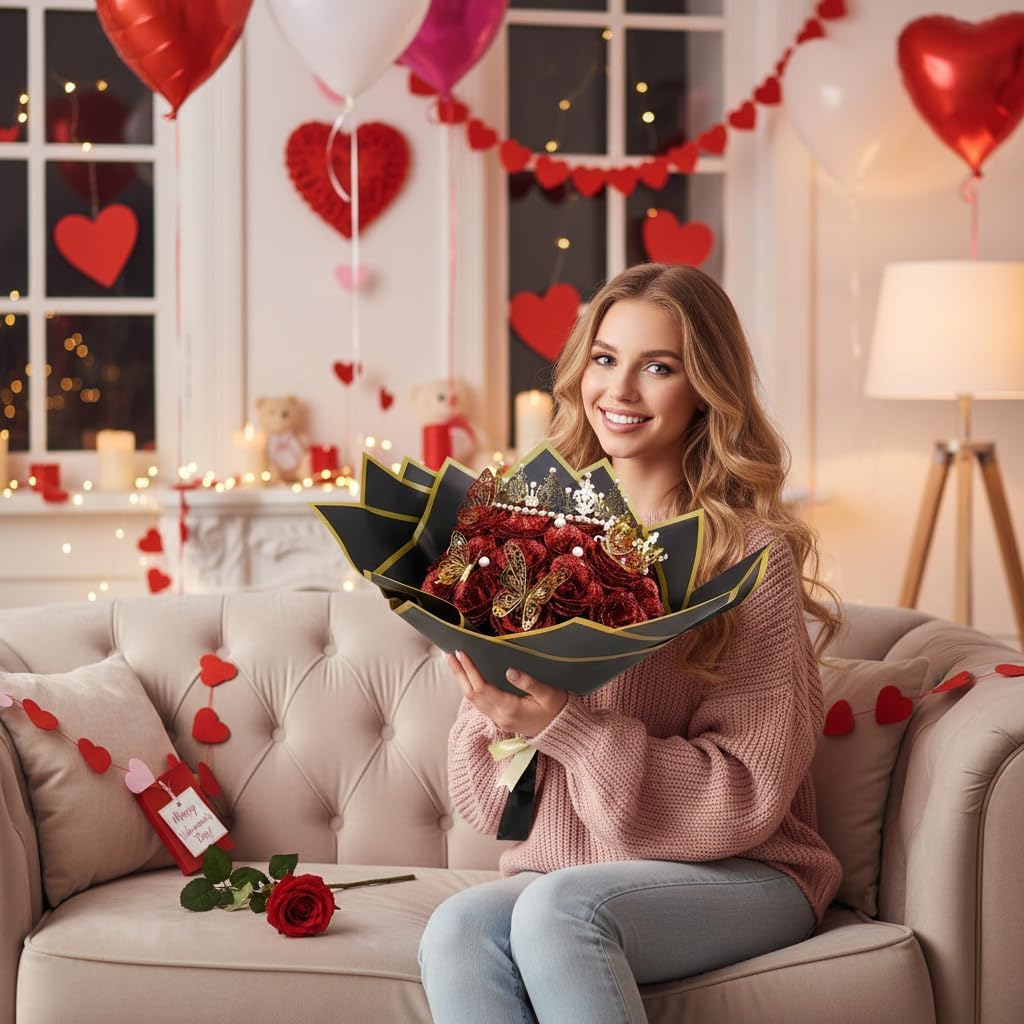 Glitter Roses Bouquet, 24 Red Artificial Roses with 2 Crowns,Pearls,Card,Paper,Ribbon,3 Butterfly,Wedding Bouquet of Flowers for Women,Valentine's Day DIY Present Set - Image 10