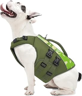 Queenmore Hunde Schwimmweste, Schwimmweste Hund Mittel, Verstellbar Hundeschwimmweste,Rettungsweste Mit Griff, Dackel Schwimmweste Französische Bulldogge,Bootfahren Surfen Kajak, Grün-Camouflage, M