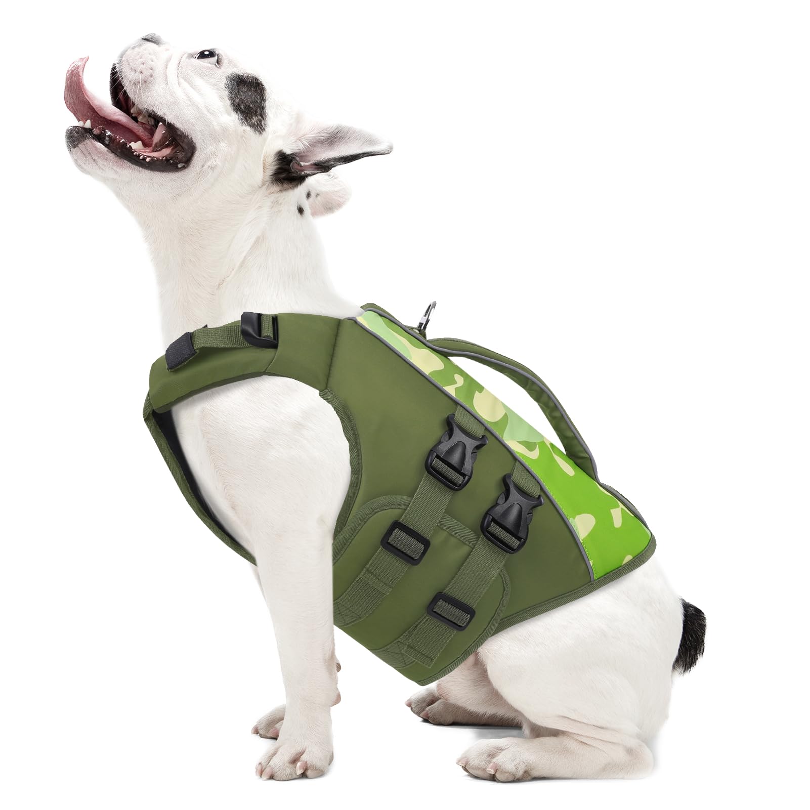 Queenmore Salvagente Cane Taglia Media - M Verde, Regolabile, Con D-Ring, Galleggiabilità Extra, Per Bouledogue Francese, Nuotare, Kayak, Paddleboarding, Piscina Cani Accessori(Verde-Camo,M)