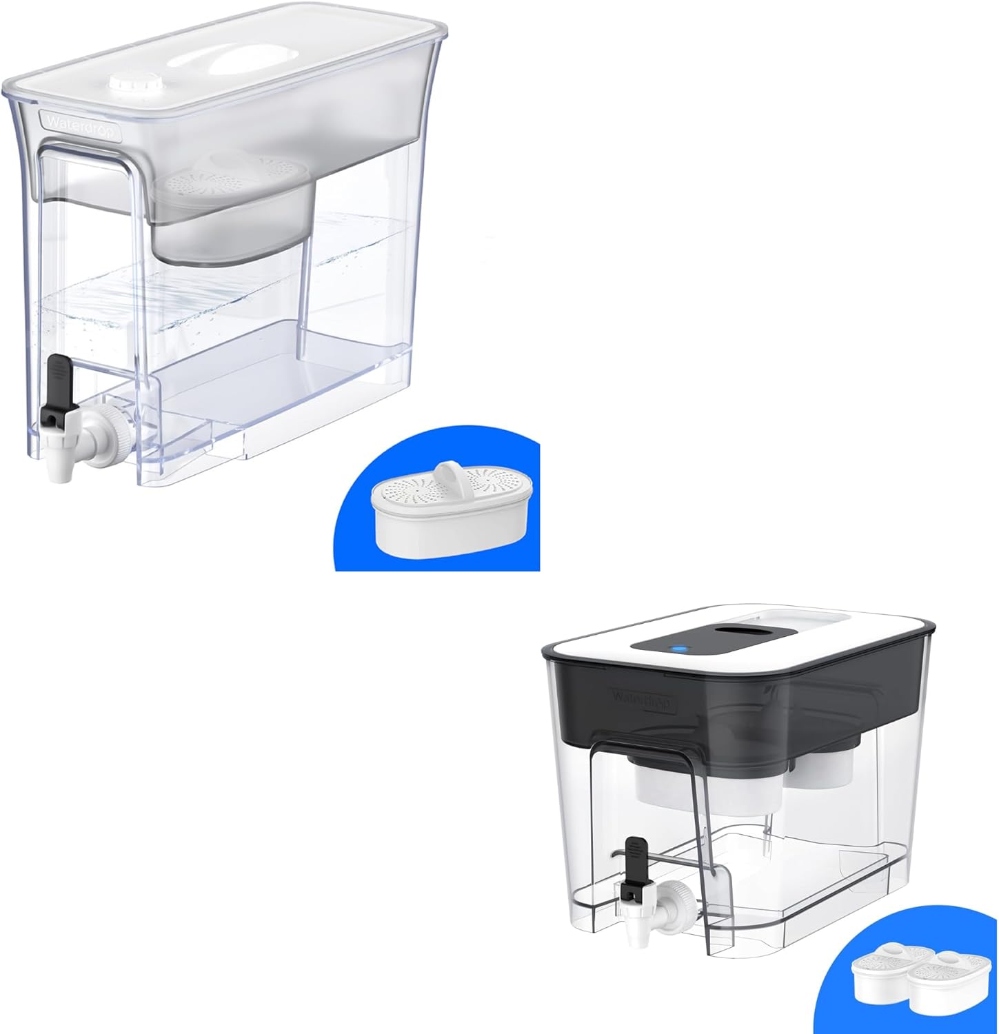 Waterdrop 35-Cup Slim Water Filter Dispenser, White&40 Cup Dual Filter Dispenser, Reduces Chlorine, PFOA/PFOS and More