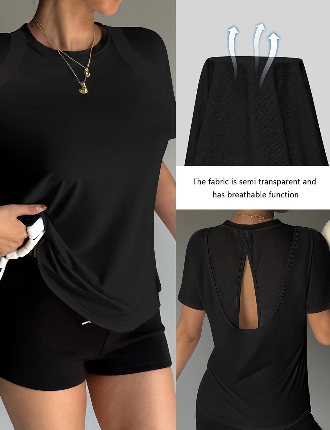 Open Back Workout Tops for Women Mesh Back Gym Fitness Training Pilates Athletic Shirts Short Sleeve Workout Tops - Image 2