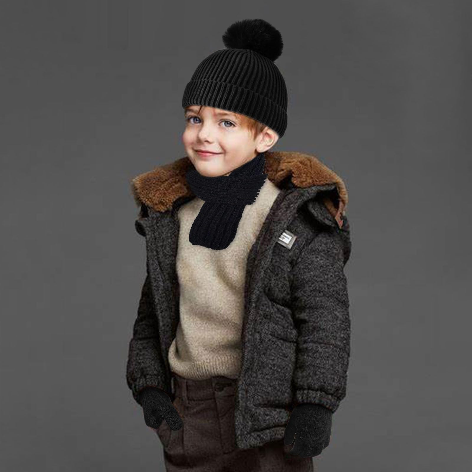 3 Pcs Set Invierno Cálido para Niños: Gorro Beanie, Bufanda y Guantes de Punto