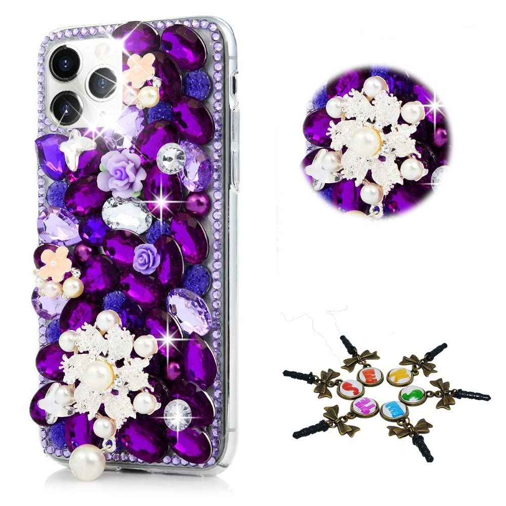 STENES Sparkle Case Compatible with Samsung Galaxy S23 FE Case - Stylish - 3D Handmade Bling Pearl Flowers Rhinestone Crystal Diamond Design Girls Women Cover - Violet