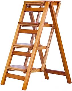 KYOFIS Multi-Functional Folding Ladder Stool, Solid Wood Step Stool Multi-Layered Stool for Library, Home Kitchen, Household Work, Garage (Color : 4-Step-Brown)