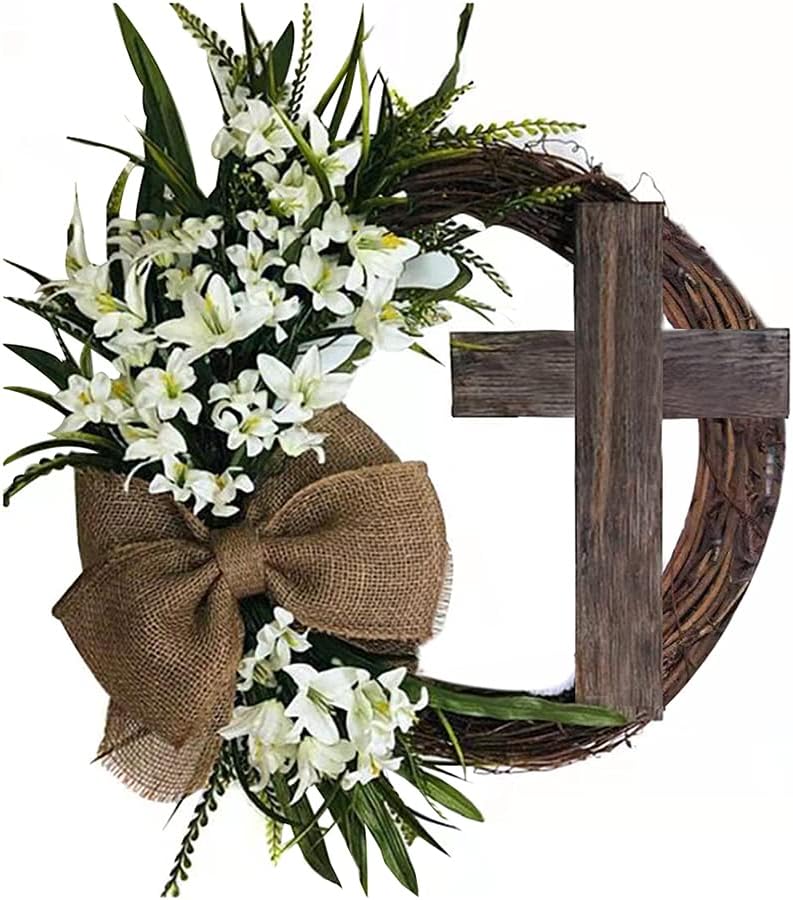 LUOZZY Easter Wreath Artificial Easter Lily Cross Wreath Hanging Decor Wedding Flower Wreath for Front Door