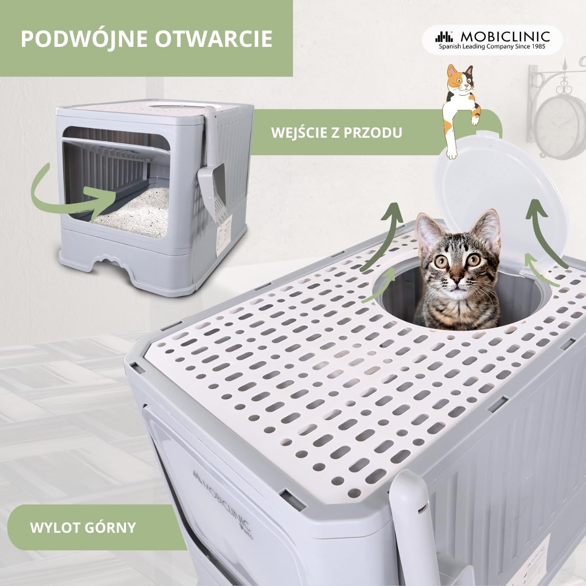 Mobiclinic® pets, Kuweta dla kota z daszkiem, Wysuwana taca, W zestawie łopatka, Catbox, Podwójne wejście przodu i górne pokrywką, Górna kratka, Demontowalna konstrukcja