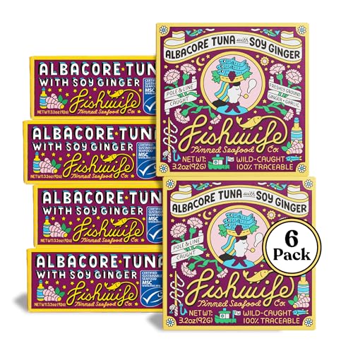 Image of Fishwife Albacore Tuna in Soy Ginger 6-Pack (3.2 Ounce) | Wild-Caught & Hand-Packed with Freshly Ground Ginger, Gluten-Free Soy Sauce, Garlic, Sesame and Spanish Olive Oil | MSC-Certified Sustainable Seafood, Gluten Free, High Protein