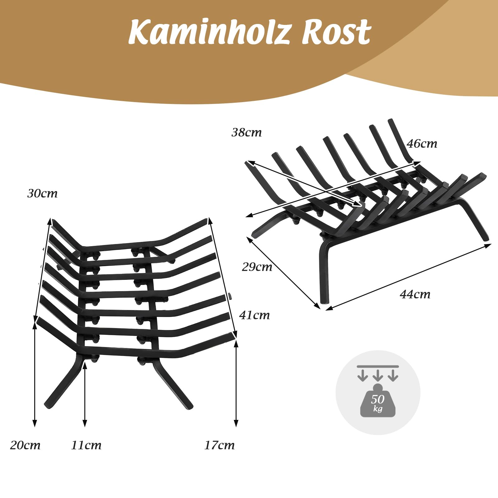 GOPLUS Ruszt na drewno kominkowe 46 cm, wytrzymały ruszt z kutego żelaza, uchwyt na drewno opałowe z 7 metalowymi drążkami, kozioł z nóżkami, obciążenie do 50 kg, do użytku wewnątrz i na zewnątrz