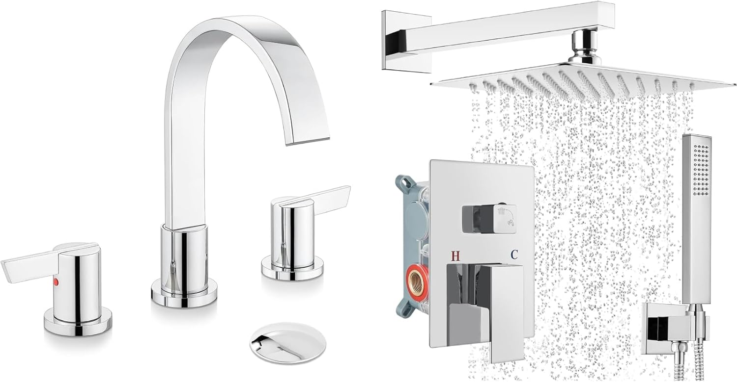 Midanya Polish Chrome 8 inch Widespread Bathroom Sink Faucet Morden Waterfall 3 Holes 2 Handles Vanity Faucet with 10 Inch Polish Chrome Wall Mount Rain Shower System Shower Faucet Set