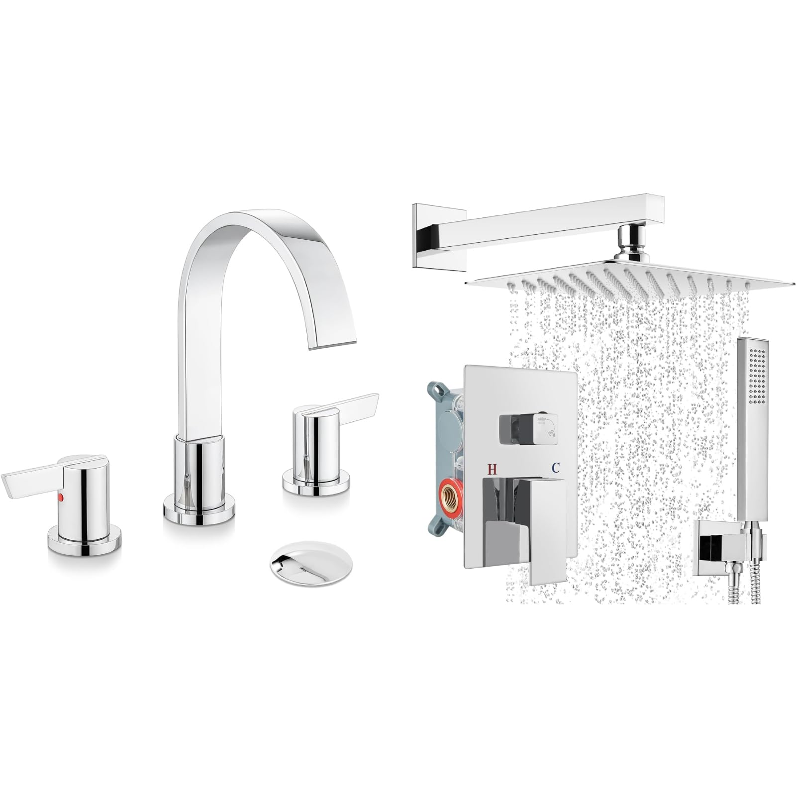 Sxithgkdw Polish Chrome 8 Inch Widespread Bathroom Sink Faucet Morden Waterfall 3 Holes 2 Handles Vanity Faucet With 10 Inch Polish Chrome Wall Mount Rain Shower System Shower Faucet Set