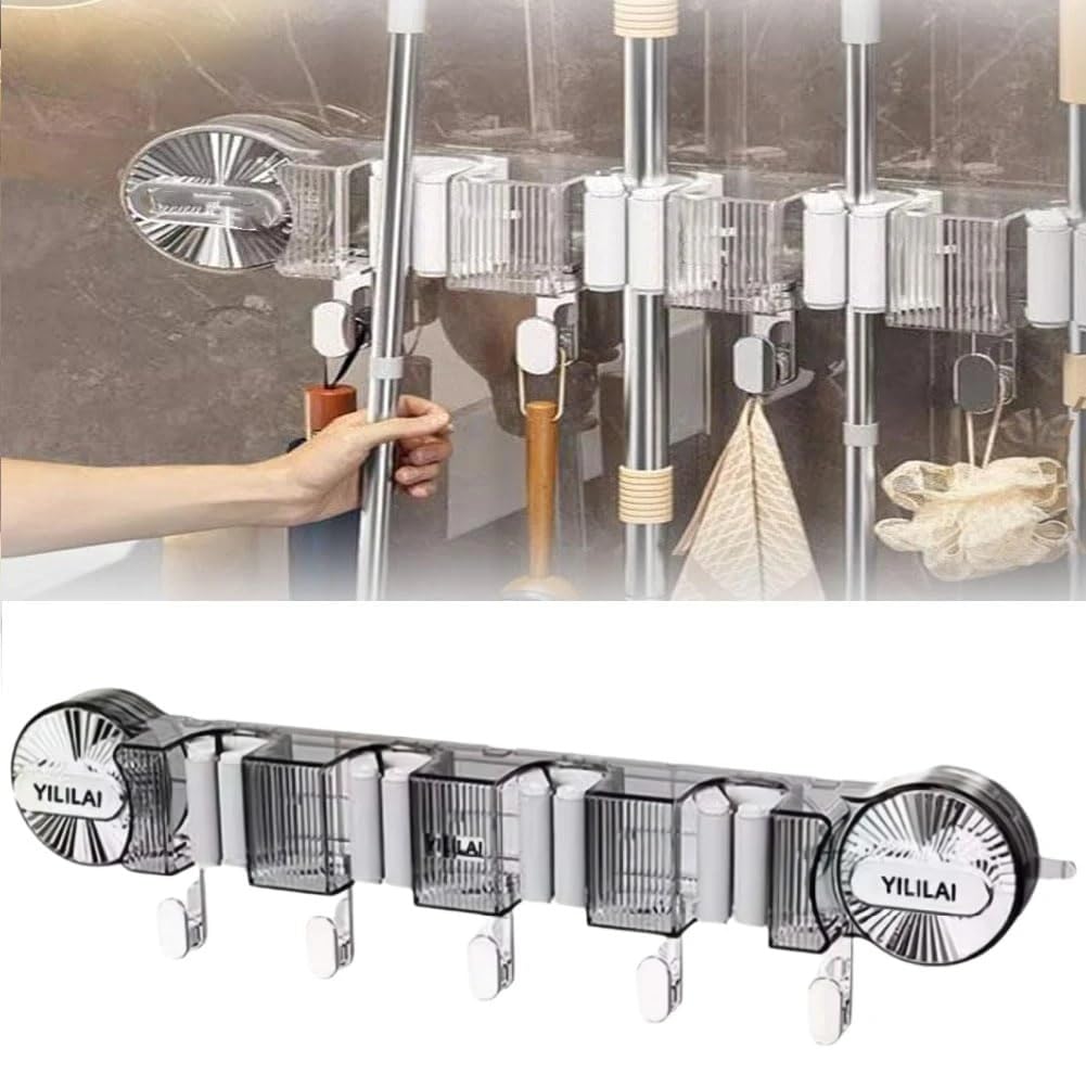 Wall Mounted Mop and Broom Holder, Suction Cup Organiser with Hooks, No Drilling Quick Setup-image-32