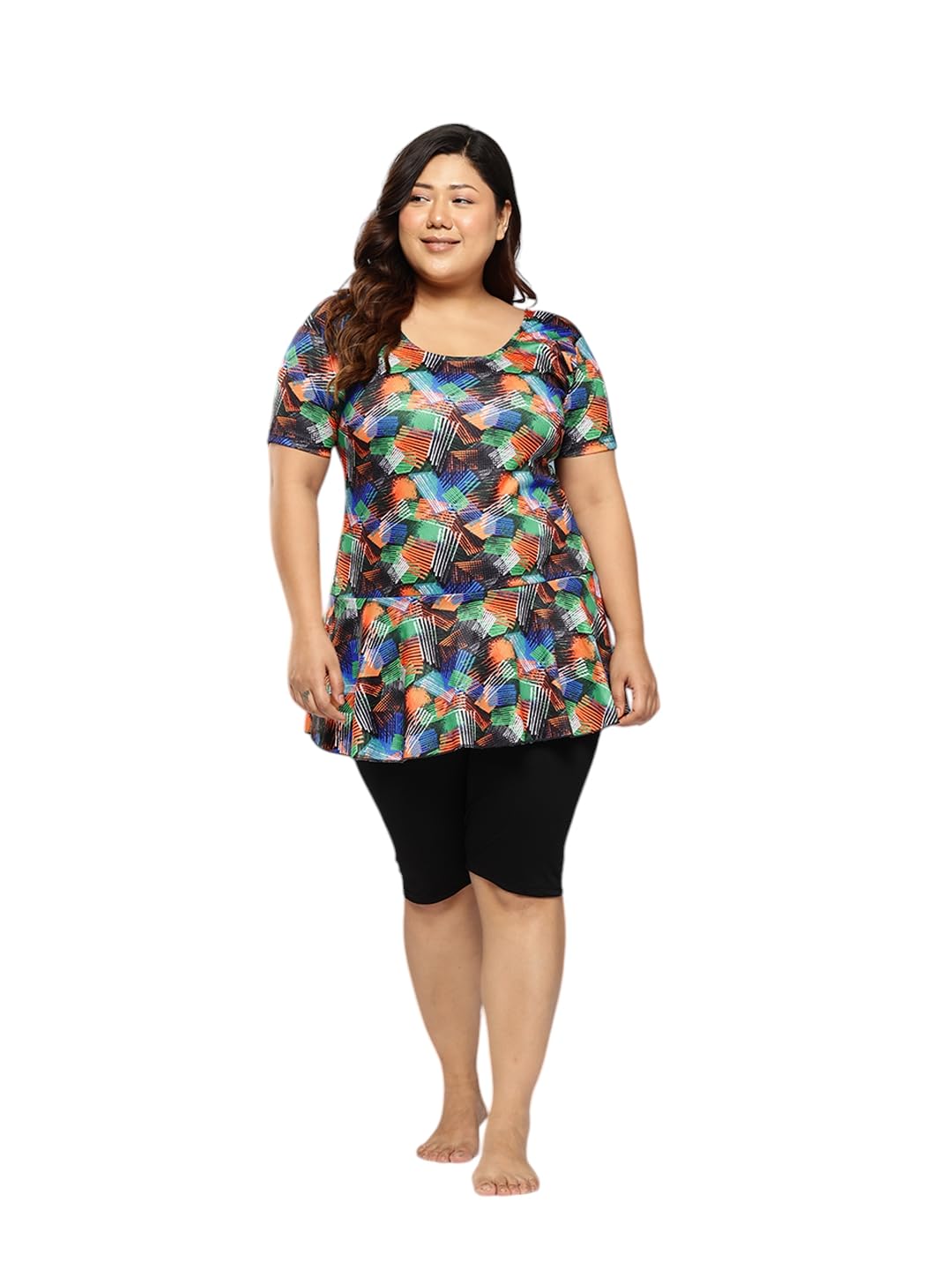 Womens Sports Wear Orange-Black Colour Abstract Print Nylon Plus Size Swim Suit-image-27
