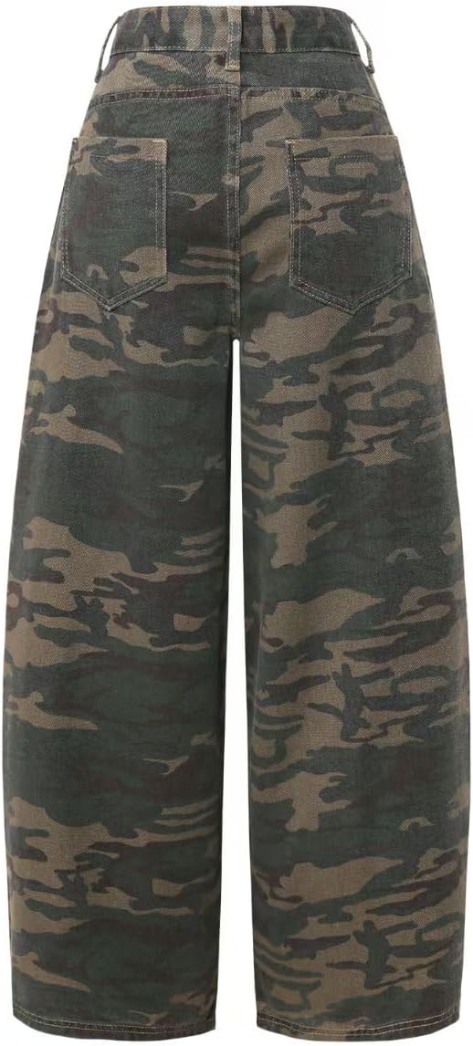 Women's Hight Rise Camo Wide Leg Jeans - Baggy Boyfriend Denim Pants with Graphic Print & Pockets - Image 2