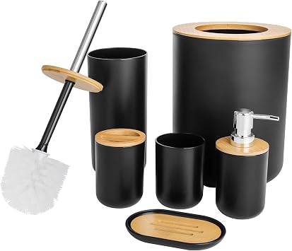 Bathroom Accessories Set - 6-piece Modern Bathroom Bin And Toilet Brush Set - Includes Trash Can Toilet Brush Toothbrush Holder Soap Dispenser Soap Dish and Mouthwash Cup Black