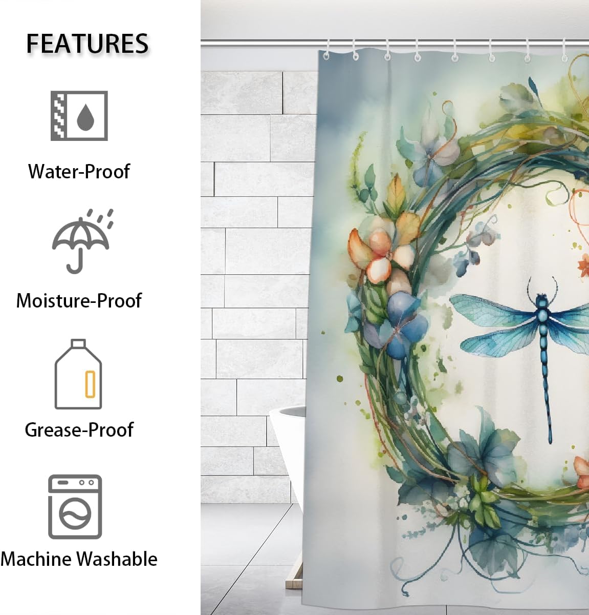 Shower Curtain with Hooks, Dragonfly Wreath Waterproof Polyester Fabric Shower Curtains 60" x 72" Machine Washable for Bathroom Bathtubs Decor Home