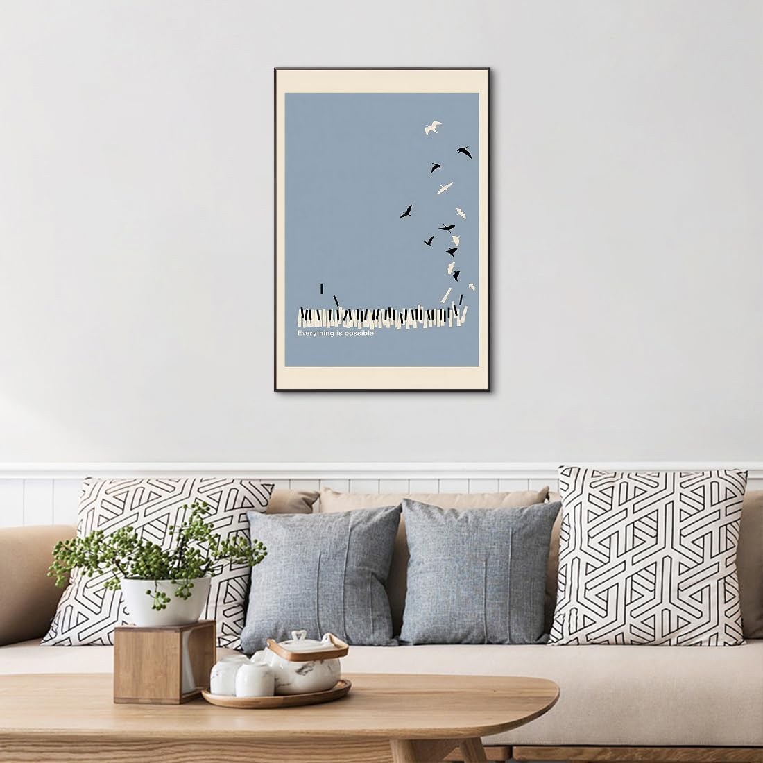 「ピアノ・音符・鳥」北欧 ポスター - インテリア アート A3サイズ 新築祝い ギフト 模様替え インテリア アルミ合金枠付き完成