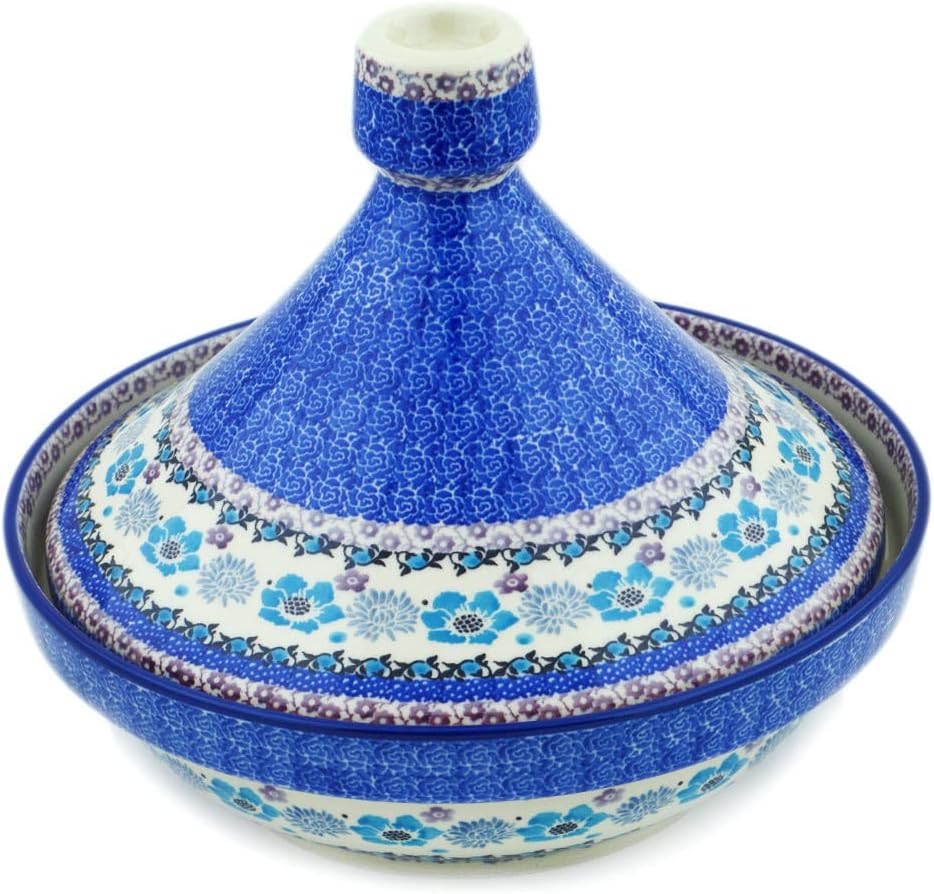 Polmedia Polish Pottery Tagine Pot - Blooming Blues Pattern Handmade in Boleslawiec Poland by Ceramika Artystyczna + Certificate of Authenticity