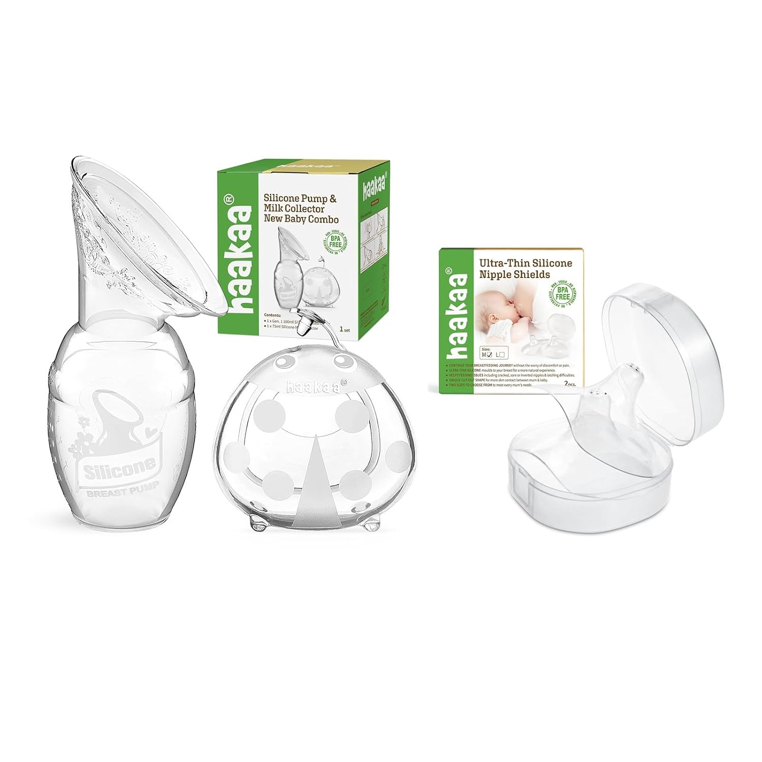 haakaa Manual Breast Pump 4oz/100ml & Ladybug Milk Collector 2.5oz/75ml & Breast Shield (18mm,2pk) Combo