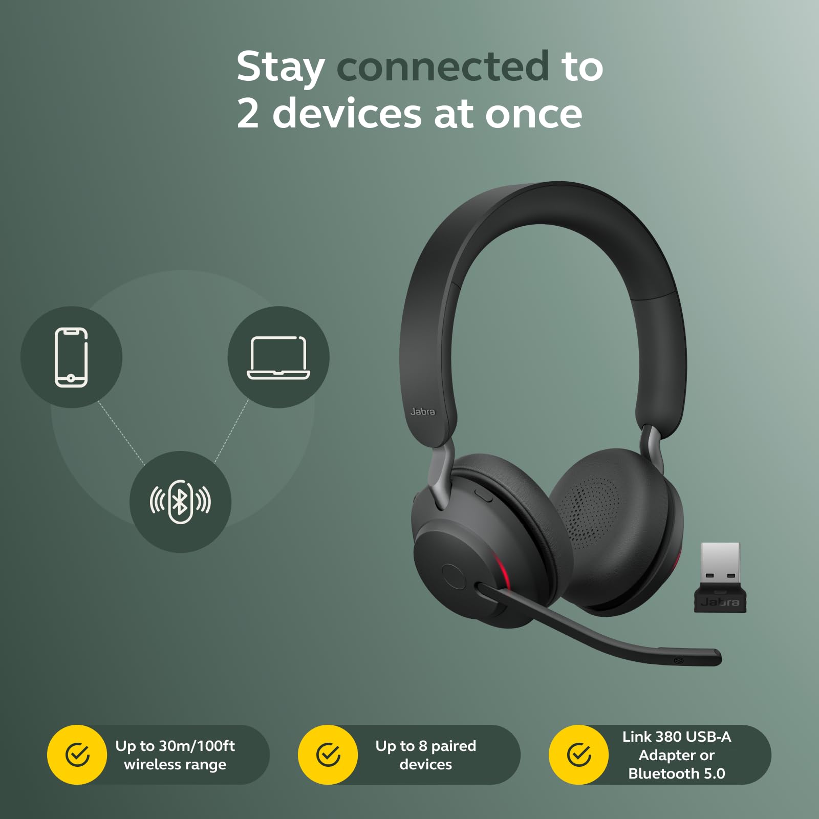 Jabra Evolve2 65 Bluetooth Wireless Headset con microfono per chiamate e musica, cuffie dual-ear con adattatore USB-A e supporto di ricarica, fino a 37 ore di batteria, funziona con app per riunioni