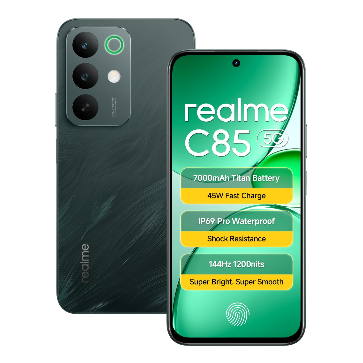 realme C85 5G Smartphone 6.8 inch Display 7000mAh Battery, 45W Fast Charging, IP69 Waterproof, Dimensity 6300 6nm Chipset, Dual SIM (Peacock Green, 128.0, GB, 6.0, GB)