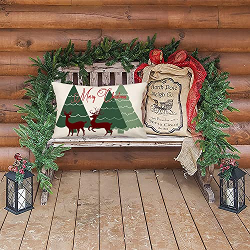 Fukeen Merry Christmas Tree Pillow Covers Green Red Xmas Trees Reindeer Throw Lumbar Pillow Covers Outdoor Winter Holiday Happy New Year Pillowcase 12X20 Inch For Sofa Farmhouse Decoration #TOP2