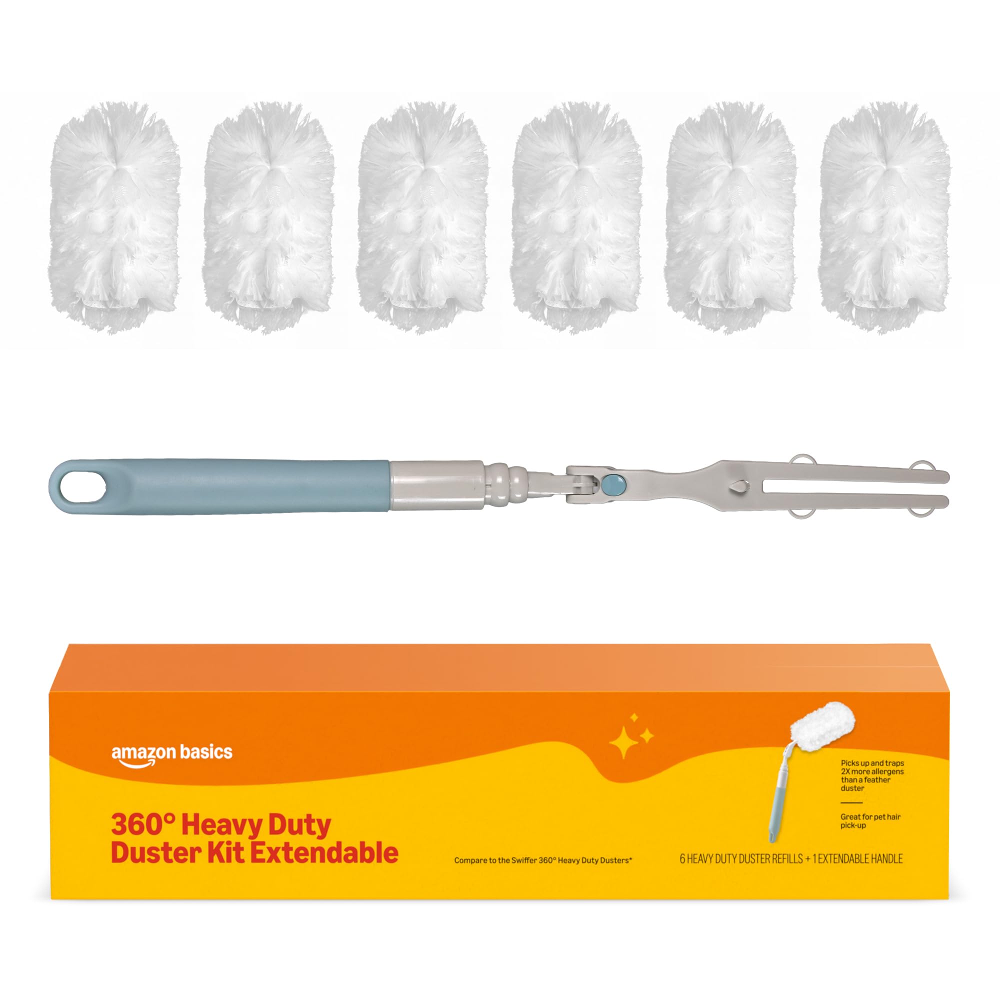 Amazon Basics 360° Heavy Duty Duster Kit with Extendable Handle and 6 Microfiber Plume Refills
