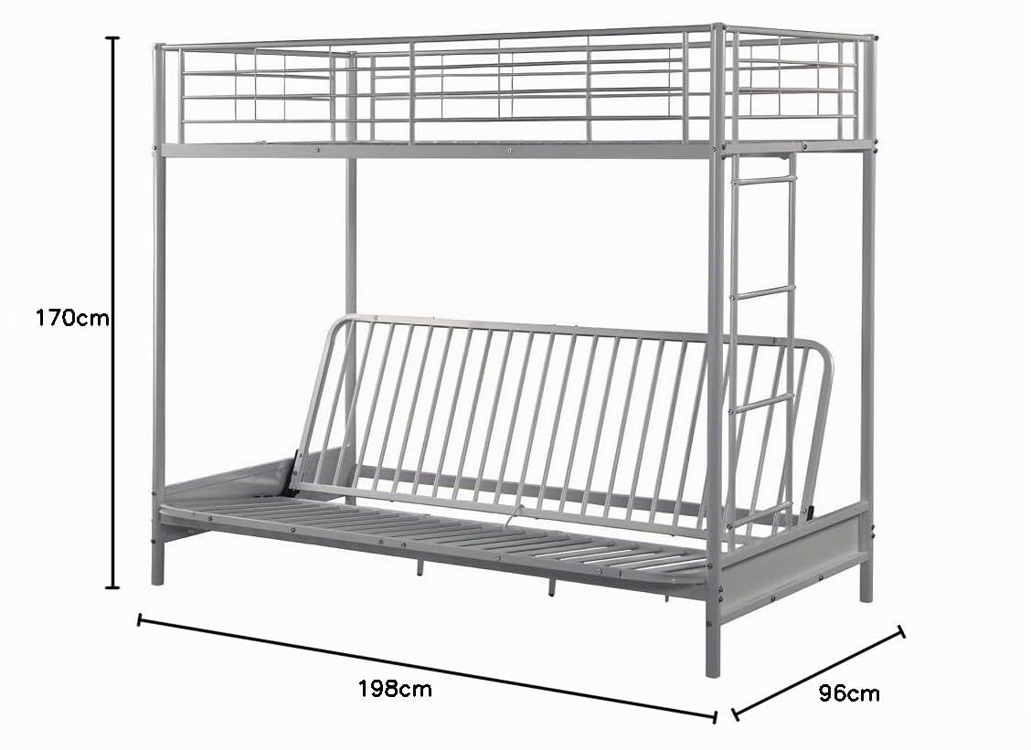 Vente-unique - Lit Mezzanine 90 x 190 cm - avec Banquette Convertible - Métal - Argent + Futon Noir - MODULO V