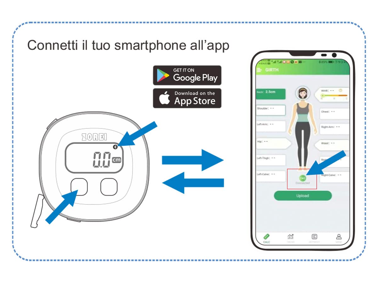 Metro Smart ZOREI, Medidor Corporal Inteligente con Aplicación, 150 cm, Metro con Bluetooth para Culturismo y Fitness