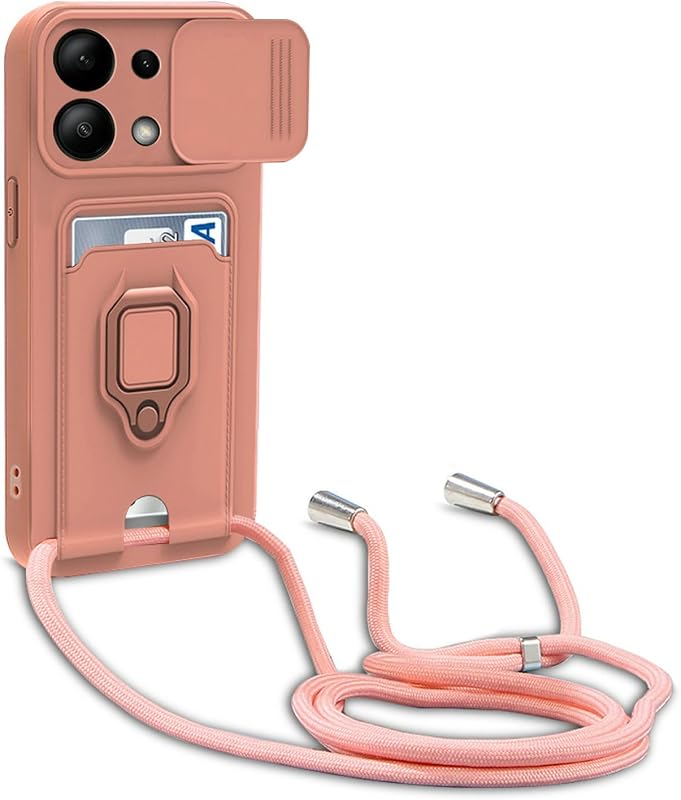 Funda Compatible con Xiaomi Redmi Note 13 4G,Cuello Cordón Carcasa Silicona Suave,Ranura con Tarjetas,Carcasa Cubierta cámara Deslizante Proteger, Anillo Soporte (Pink)
