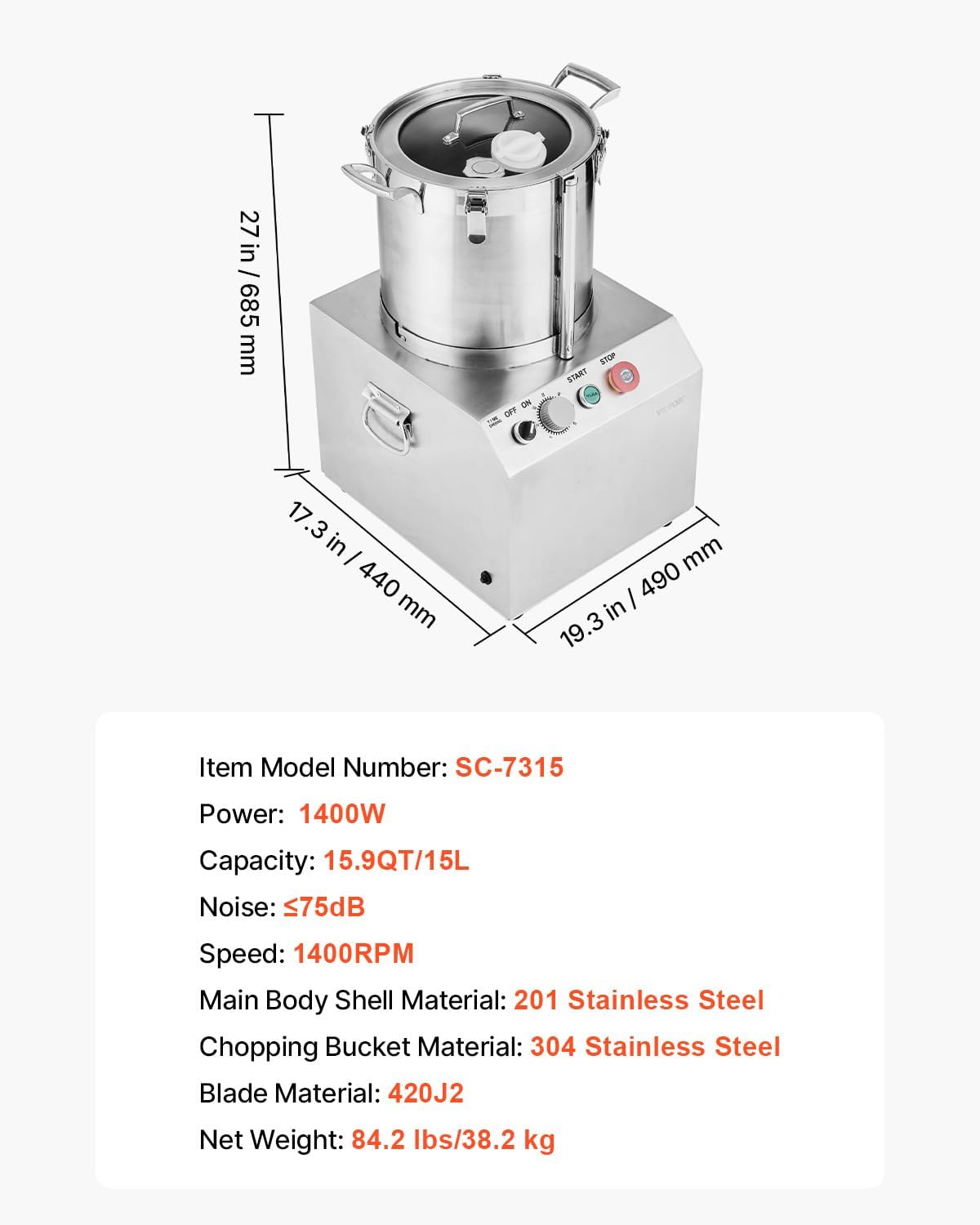 VEVOR SC-7315 Food Processor with dimensions and specifications