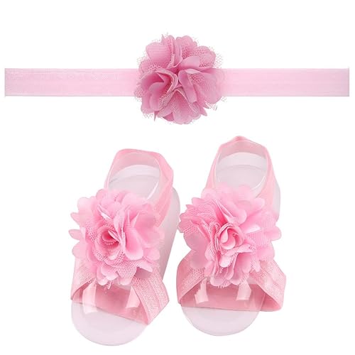 Miniatura 2 de 8 pares de diademas de flores de satén y sandalias descalzas para bebés y niñas pequeñas (8 pares S1)
