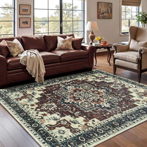 Carpelux 5x7 Area Rugs for Living Room, Machine Washable Non Slip Carpet, Vintage Floral Aesthetic Rug, Dining Home Decor, Rosewood Red
