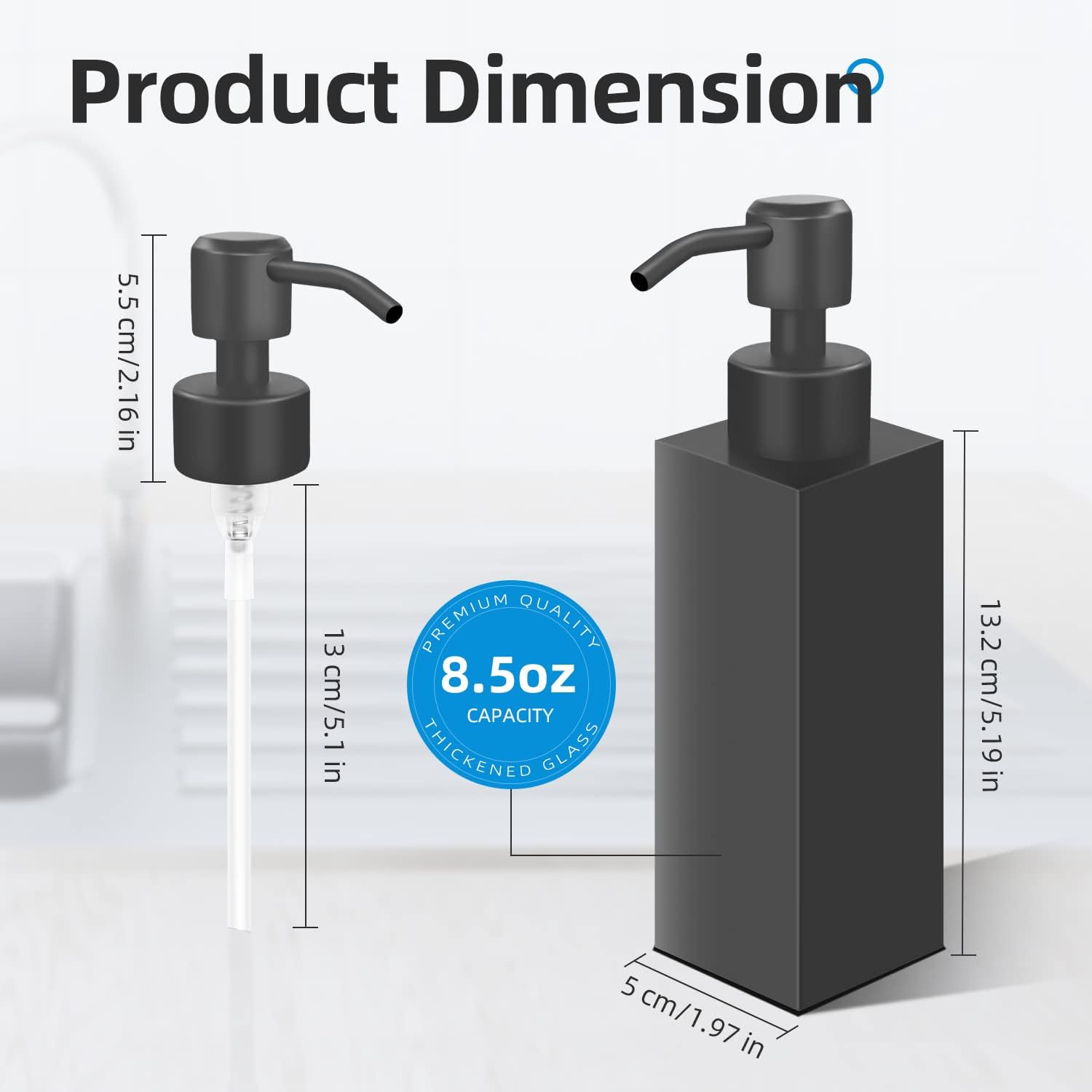 Black Soap Dispenser, Matte Black Stainless Steel, Rust-Proof Liquid Hand Dish Dispenser for Bathroom & Kitchen, 8.5 Oz Refillable Countertop Lotion Bottle (Square) - Image 2