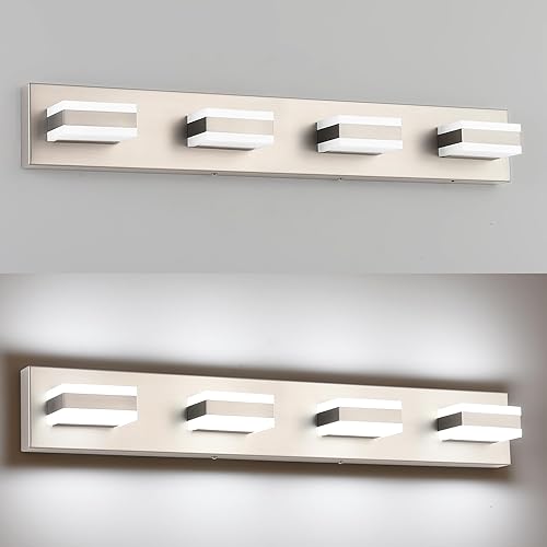 Miniatura 6 de SOLFART Luces de tocador de baño, lámparas de níquel cepillado para baño, sobre el espejo, 4 luces LED, accesorio de iluminación de baño níquel