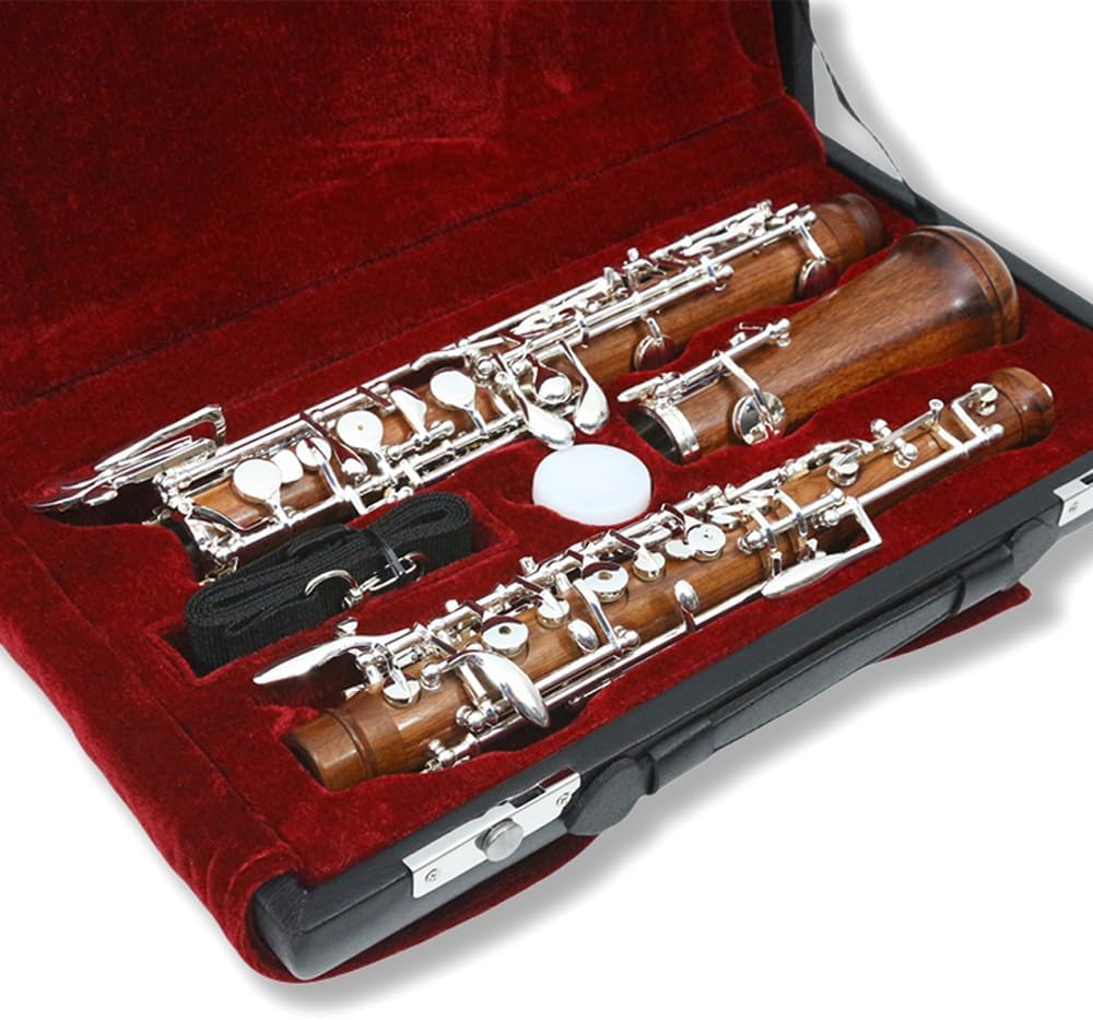 Vetimobato Professional Forked-F Resonance Oboe C Key 3rd Octave Left F Woodwind Instruments with Reeds Gloves Leather Case Carry Bag Ideal for Advanced Players (Rosewood Body Silver-Plated Keys)