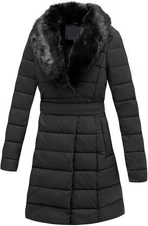 Women Faux Leather Long Quilted Puffer Coat with Faux Fur Collar