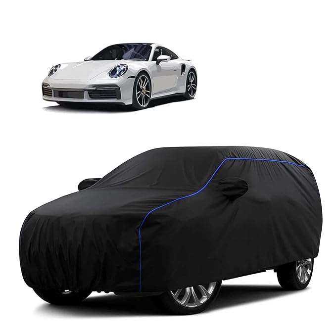 Sulfar 100% Water Resistant Car Body Cover Compatible with Mirror for Porsche 911 Carrera (Triple Stitched, Full Bottom Elastic, Black Tafetta with Blue Piping)