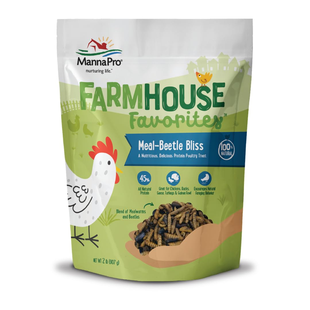 Manna Pro Beetle Bliss Chicken Treats, Beetles & Dried Mealworms, 2 lb | Farmhouse Favorites, Mealworm Beetle Blend, 45% Protein Treat, Encourages Natural Foraging, Chickens, Ducks, Geese & Turkeys Beetle Bliss 2 Pound (Pack of 1)