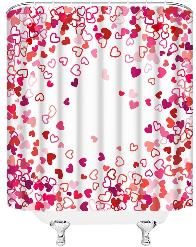 Valentine's Day Shower Curtain Red Pink Love Heart Romantic Sweet Couple Creative Fabric Decorative Bathroom Curtains with Hooks,Red White Pink