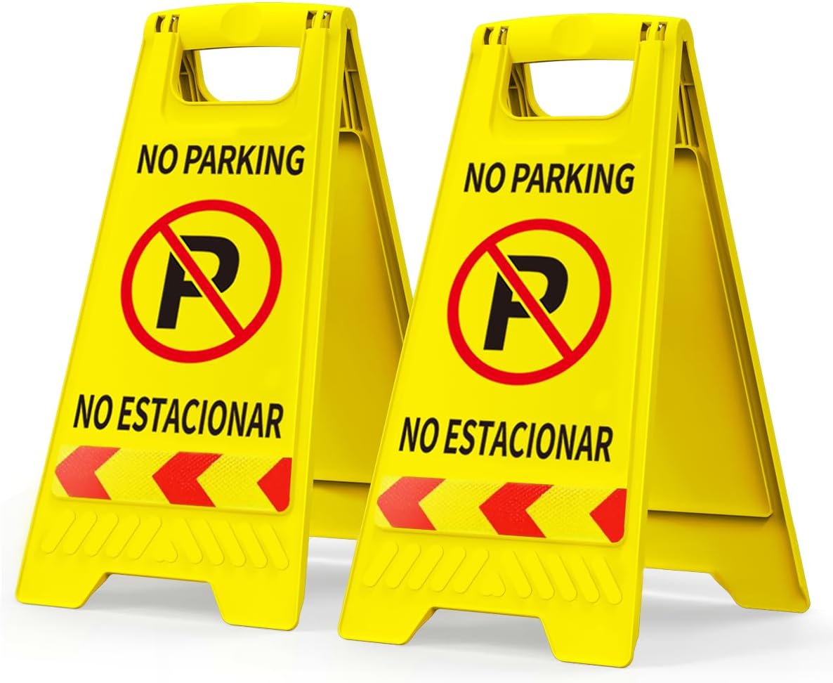 No Parking Signs, 2 Pack No Parking Signs with Reflective Tape, 17.5" Height Double-Sided English & Spanish Text and Graphics Easier to Identify, Portable Folding Bright Yellow Warning Sign for Commercial Use
