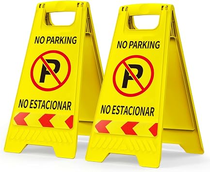 No Parking Signs, 2 Pack No Parking Signs with Reflective Tape, 17.5" Height Double-Sided English & Spanish Text and Graphics Easier to Identify, Portable Folding Bright Yellow Warning Sign for Commercial Use