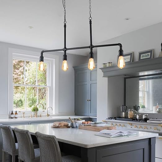 AAOTE 4 lampen industriële boerderij kroonluchter hanglampen, zwart metalen waterpijp plafond hanglamp eiland lichtpunt voor keuken eetkamer woonkamer slaapkamer photo 3