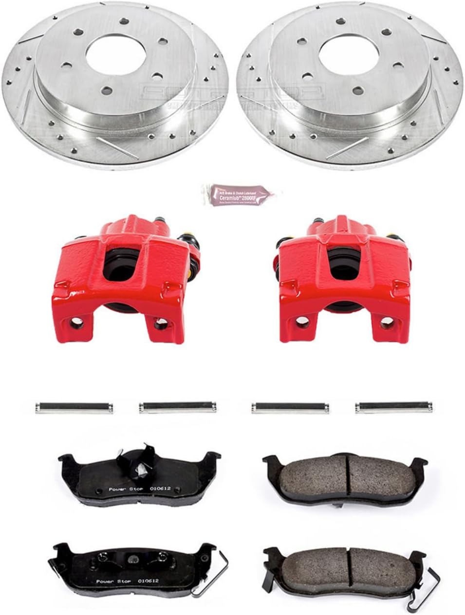 PowerStop Rear Brake Kit for INFINITI QX56 2004-10 |Nissan Armada 2005-15 |Pathfinder Armada 2004 - Carbon-Fiber Ceramic Brake Pads + Drilled & Slotted Rotors + Red Powder Coated Calipers, KC2445