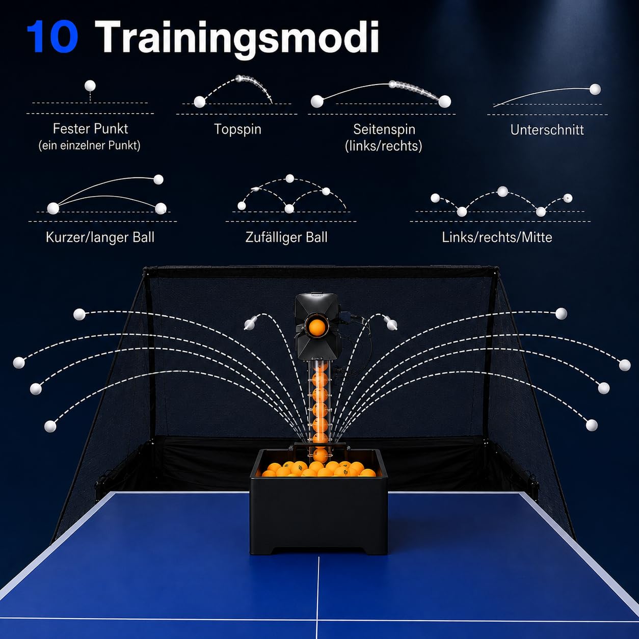 Robot do tenisa stołowego, z 10 trybami pracy i systemem podwójnego koła, 35-90 piłek/min, automatyczny robot do tenisa stołowego z pilotem zdalnego sterowania, 100 piłek i siatką