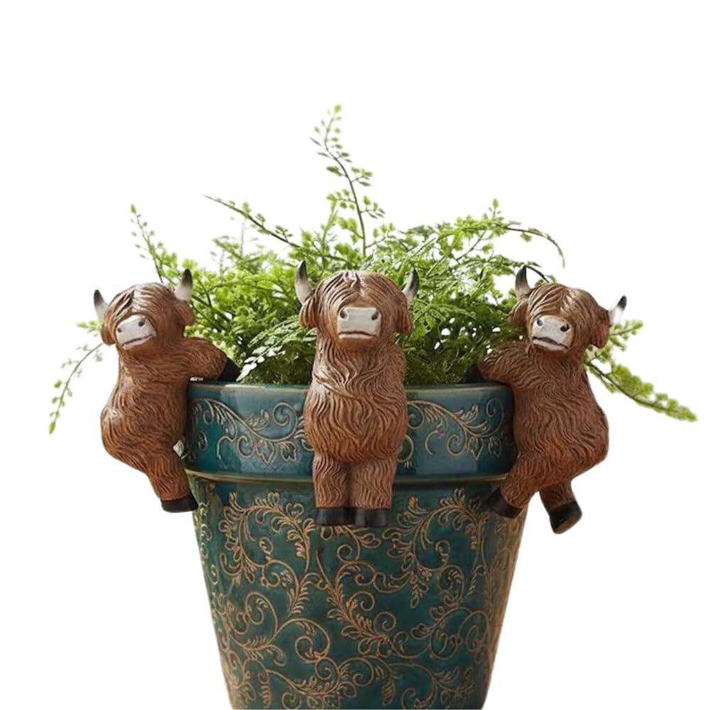Highland Cow Gifts Resin Garden Ornaments Outdoor and Indoor Plant Pot Decor - Cow Ornaments Hanging Basket and Planter Rim Hugger Figurines, Scottish Gifts Cute Garden Decoration (Standing Cow)