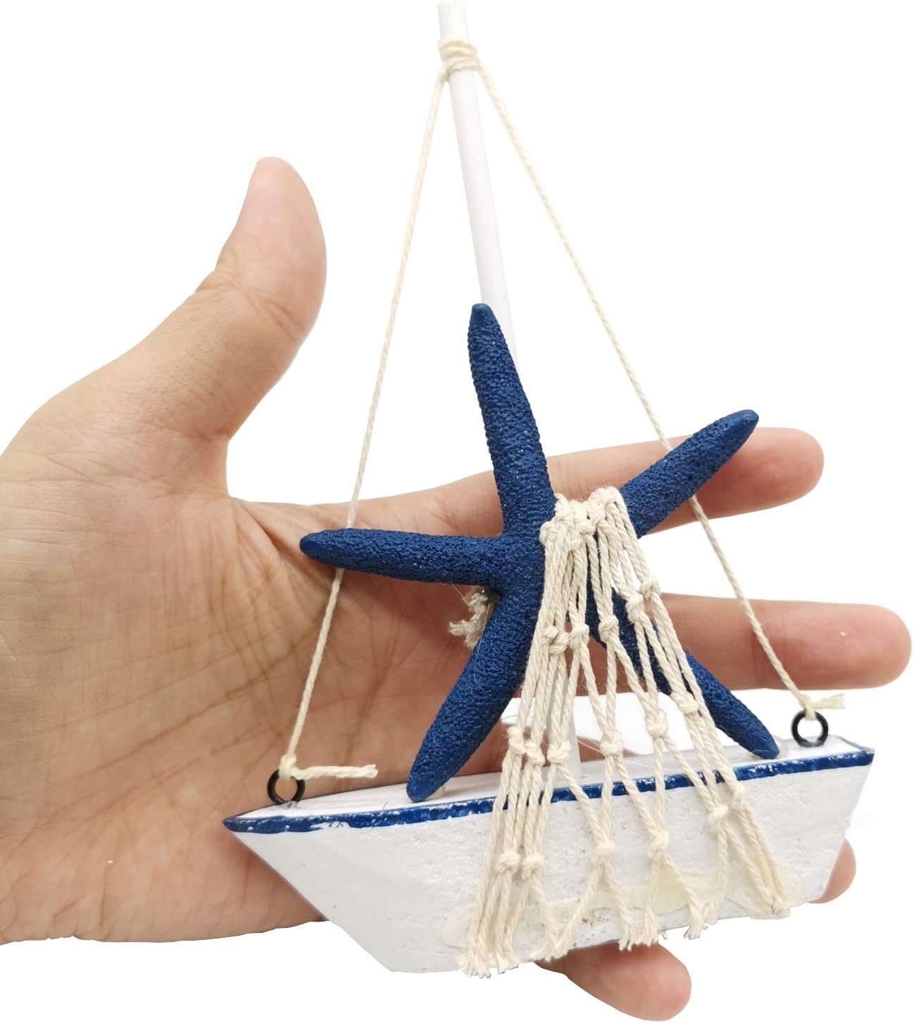 TIHOOD 4PCS Mini Sailboat Model Decoration Wooden Miniature Sailing Boat Home Decor Set, Beach Nautical Design, Navy Blue and White, 4.4 x 6.8 Inch image 2