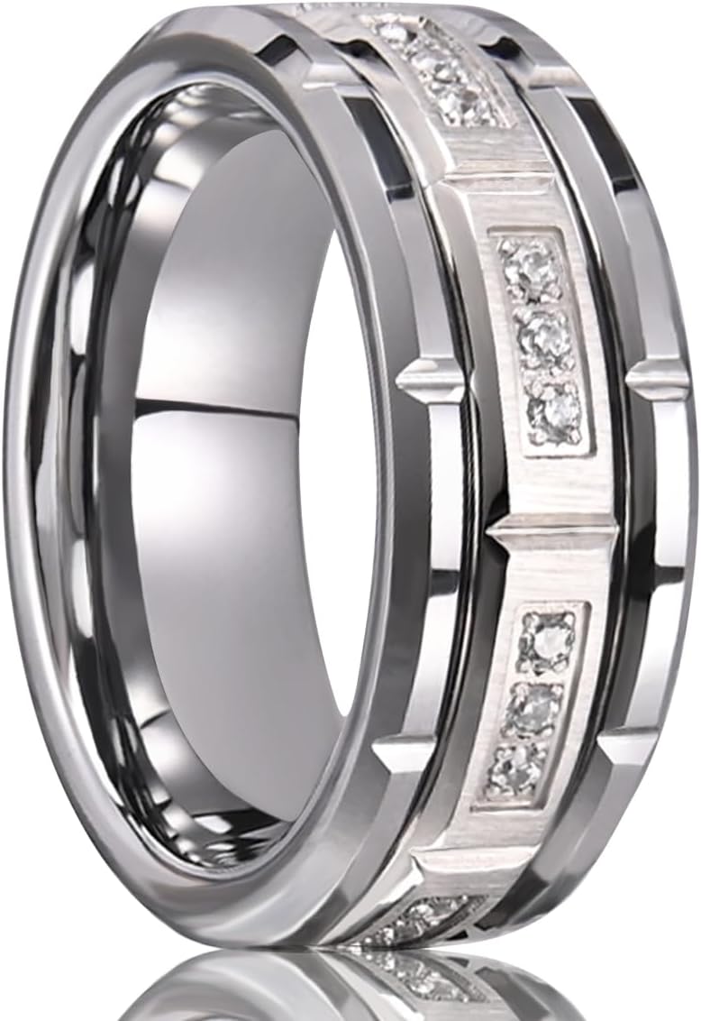 Tungsten Carbide Rings for Men Women 8mm Silver Men's Engagement Wedding Bands Inlaid with Zirconia High Polish and Comfort Fit